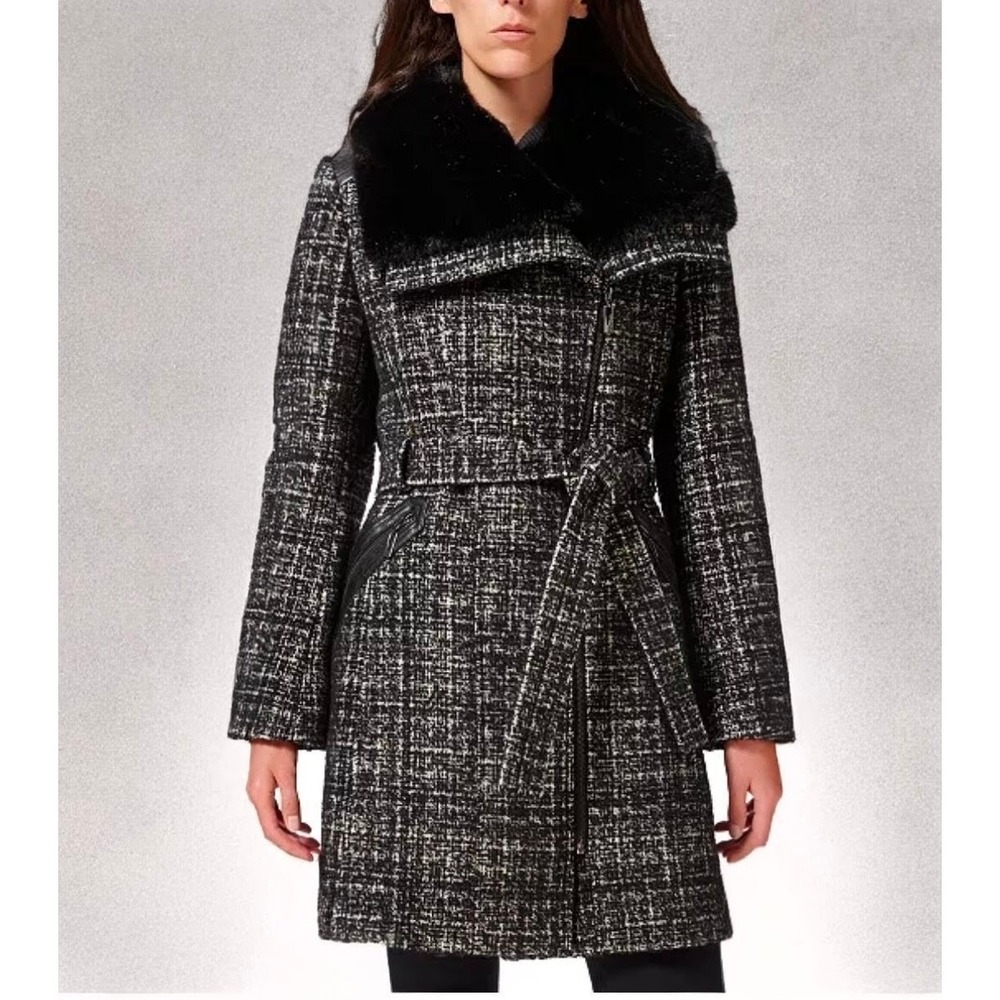 Via Spiga Black Tweed Faux Fur‎ Collar Wool Blend Coat Small Classic Zip Belted